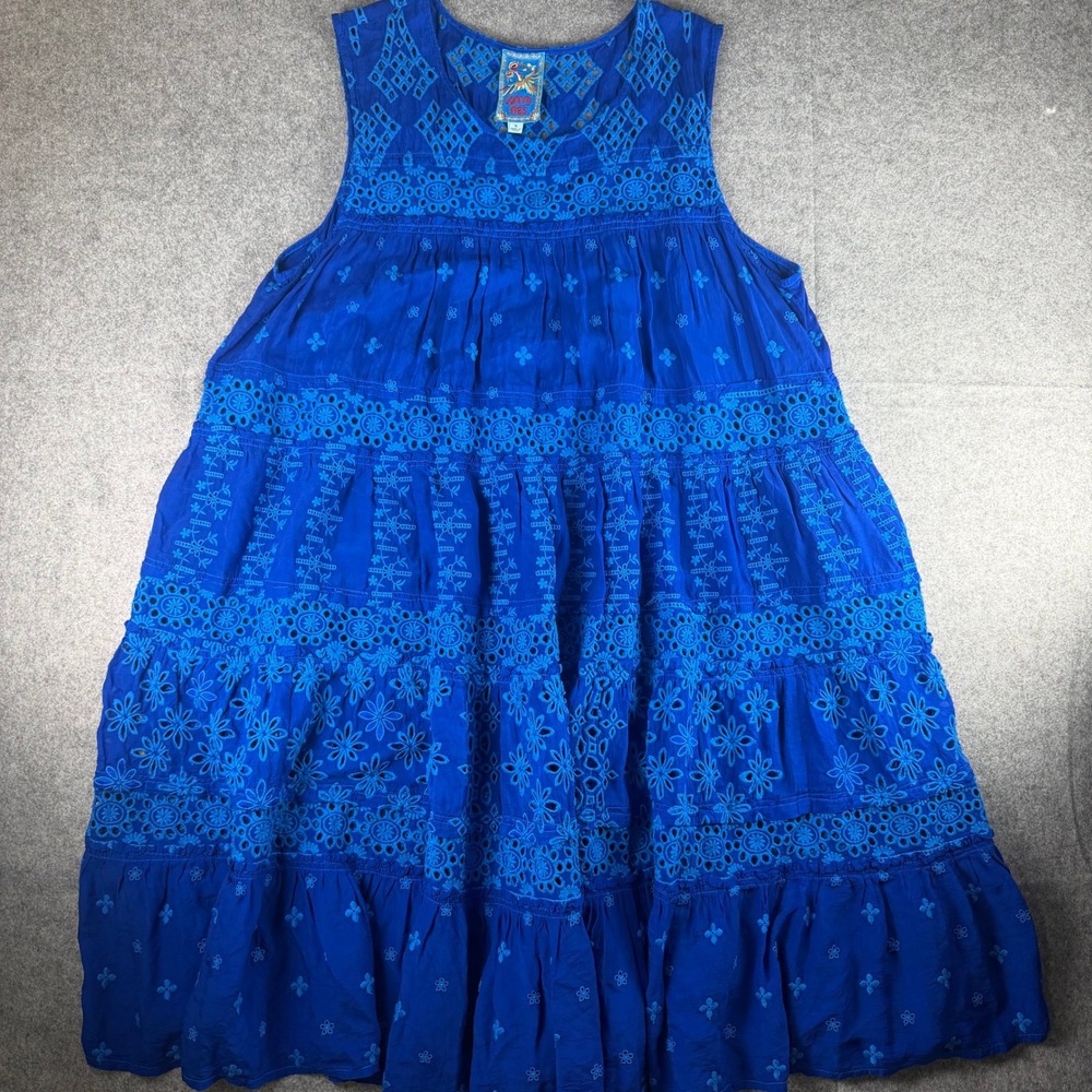 Johnny Was Royal Blue Eyelet Embroidered Tiered Midi Dress XL
